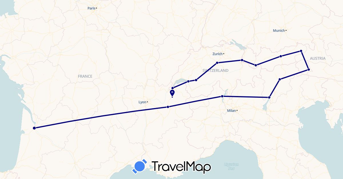 TravelMap itinerary: driving in Austria, Switzerland, France, Italy, Liechtenstein (Europe)